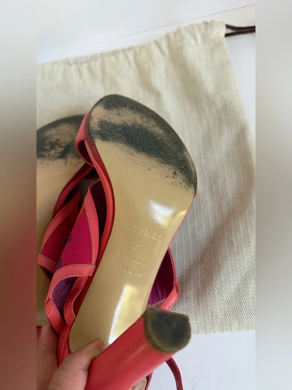 Hermes Women's Coral Pink Embroidered High Heel Sandals